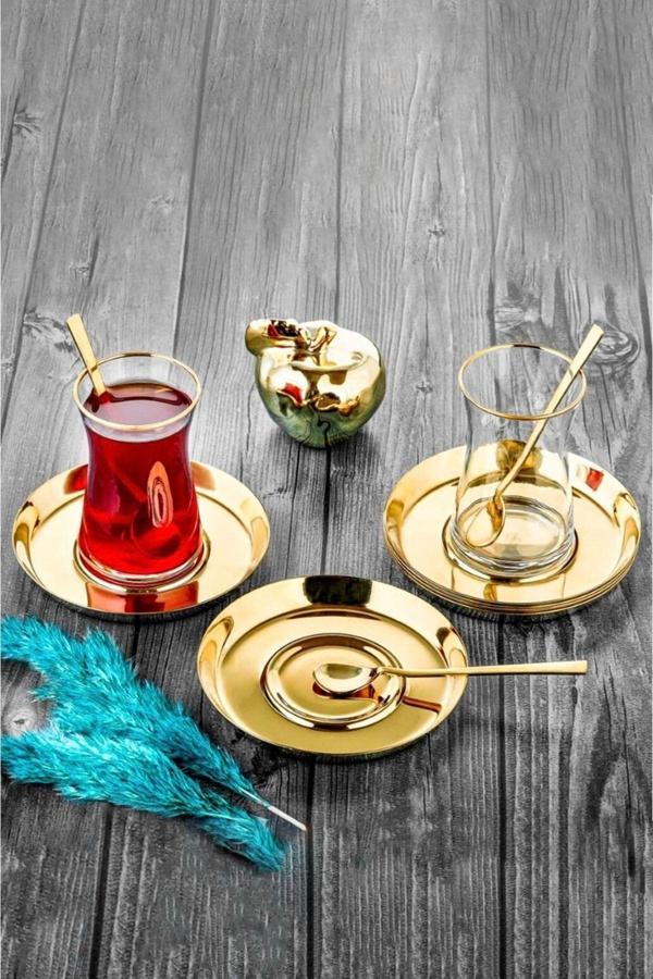 ÖZLİFE Mess 18 Parça Çay Takımı Seti Çay Bardağı Seti Çay Tabağı Seti Çay Kaşığı Seti - Image 1