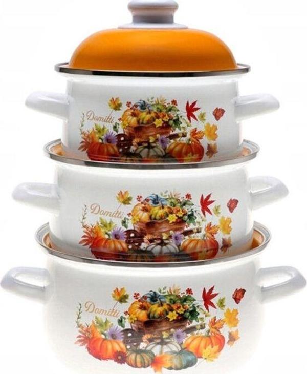 Ebru Metal Emaye Güveç Çiçek Desenli Midi 3'Lü Tencere Seti 16/18/20 Cm - Image 1