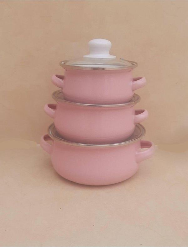 Ebru Metal Emaye Mini 3'Lü Tencere Seti 12/14/16 Cm Pembe - Image 1