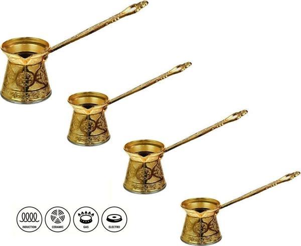 Ergençler Desenli Döküm 4'Lü Gold Cezve Seti 3-4-5-6 Fincan-İndüksiyon Uyumlu - Image 1