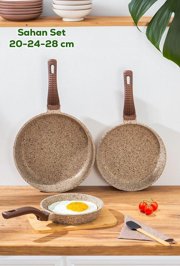 OMS 3737 Döküm Granit 3 Parça Tava Seti Kum Beji (20-24-28 Cm) - Image 1