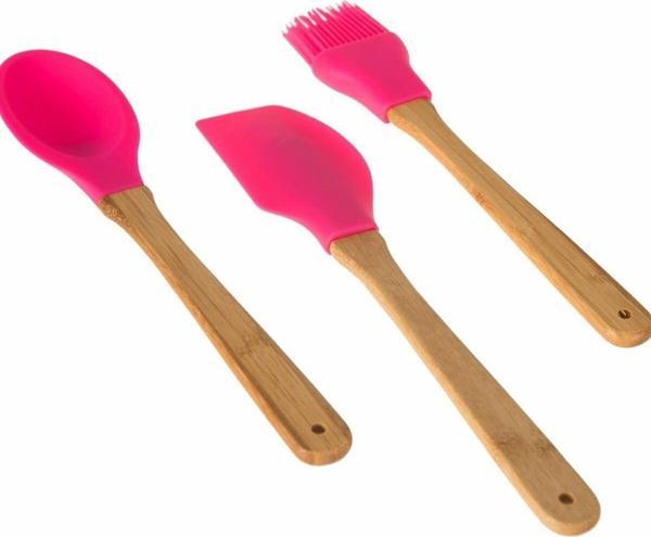 Ün-Ev 3'Lü Bambu Saplı Silikon Kaşık -Spatula-Fırça Mutfak Seti - Image 1