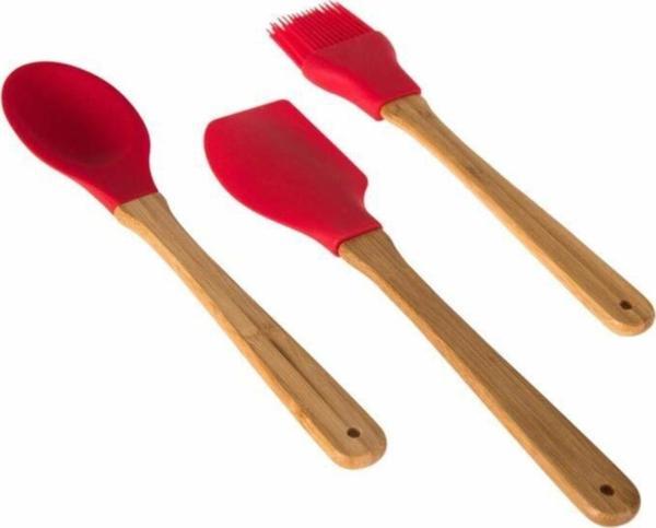 Ün-Ev 3'Lü Bambu Saplı Silikon Kaşık -Spatula-Fırça Mutfak Seti - Image 1