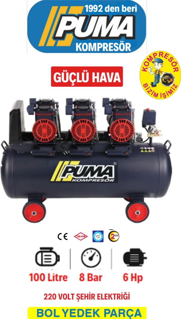 Puma 100 Lt Yüksek Verimli Kompresör (Yağsız 6 Hp) - Image 1