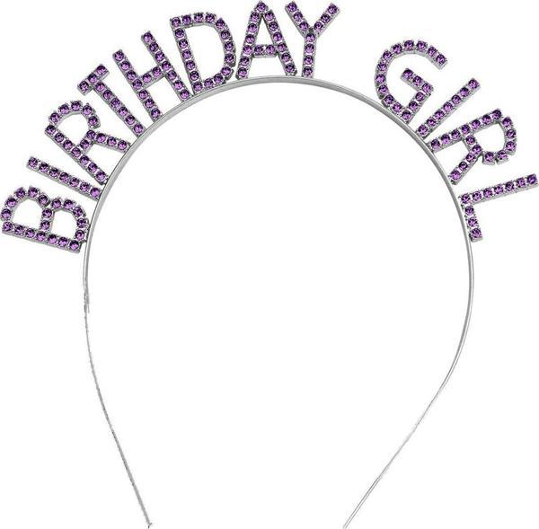 Mor Renk Kristal Taşlı Parlak Birthday Girl Yazılı Taç 16x17 cm  - Image 1