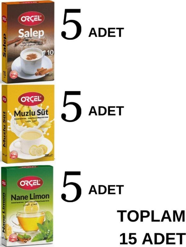 Orçel 5 Muzlu Süt + 5 Salep + 5 Nane Limon Aromalı Içecek Tozu Oralet Çay 15X200 gr  - Image 1