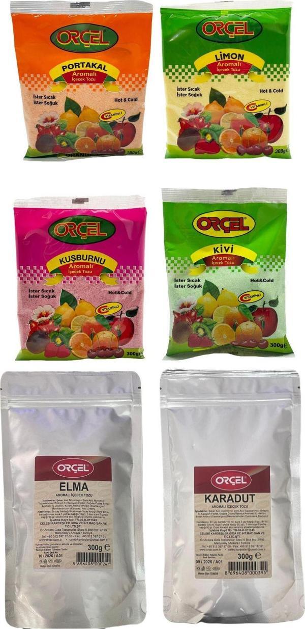Orçel Karadut +Elma +Kivi +Limon +Portakal + Kuşburnu Toz İçecek Seti Oralet Karışık Paket 6X300 gr  - Image 1