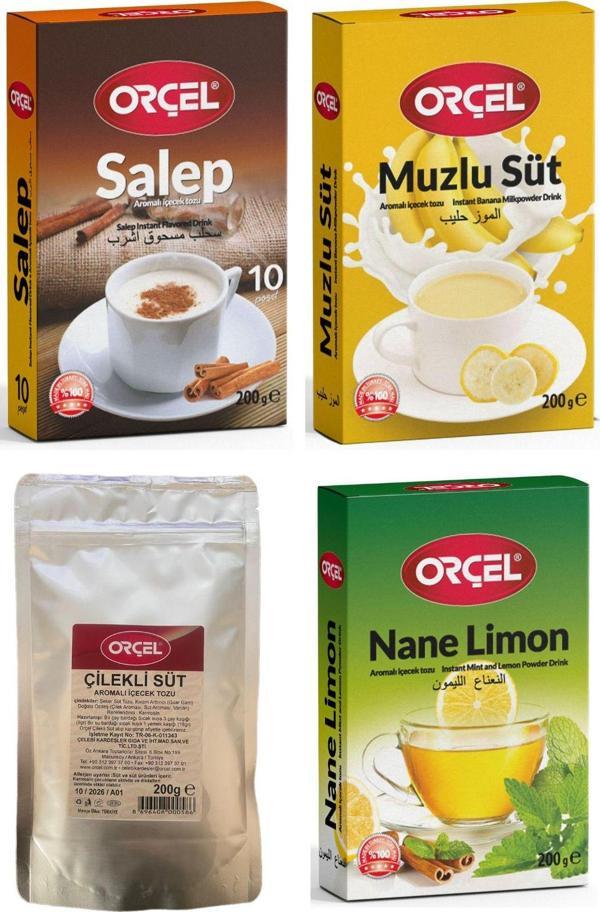 Orçel Salep +Muzlu Süt +Çilekli Süt +Nane Limon Aromalı İçecek Tozu Oralet Çay 4X200 gr  - Image 1