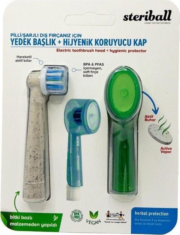 Steriball Pilli/Şarjlı Diş Fırçanız İçin Yedek Başlık Ve Hijyenik Koruyucu Kapak- Yeşil - Image 1