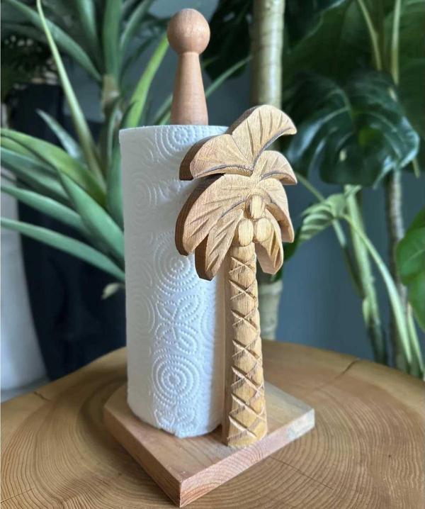 Reyo Ahşap Oyma Peçetelik Kağıt Rulo Havluluk Naturel Palmiye Desenli - Image 1