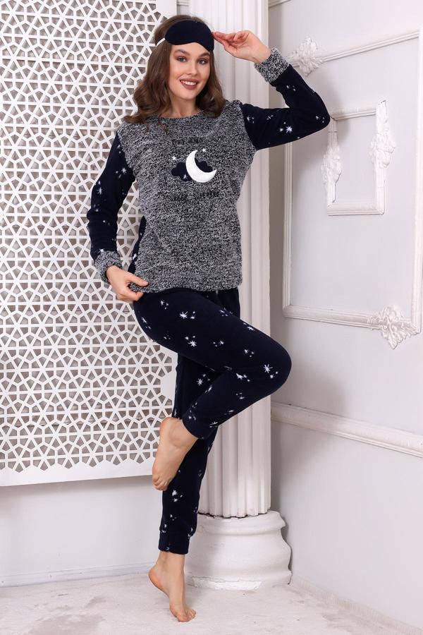 Fawn 3014 Peluş Welsoft Polar Kışlık Ay Desenli Kadın Pijama Takımı - Image 1