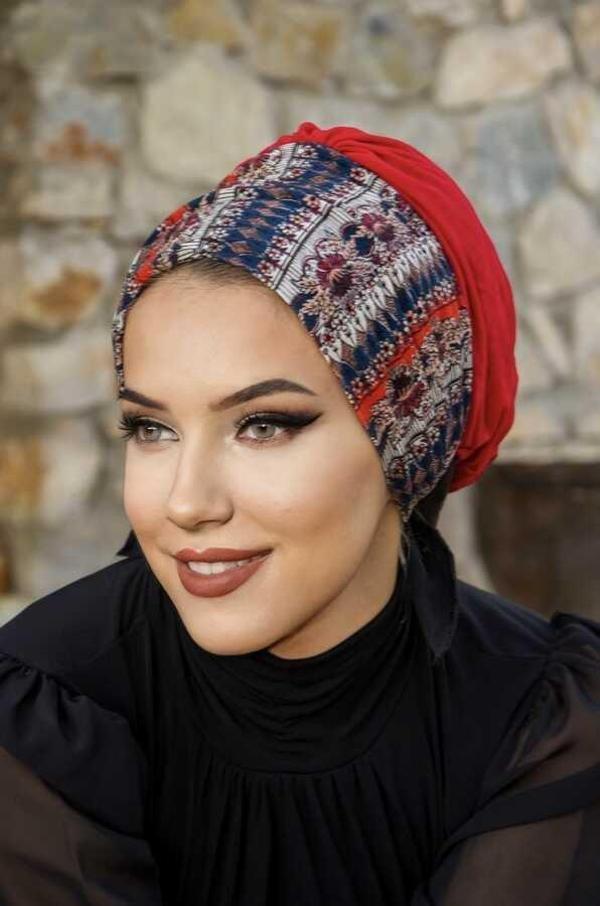 Kırmızı Etnik Desen Hazır Bone - Image 1