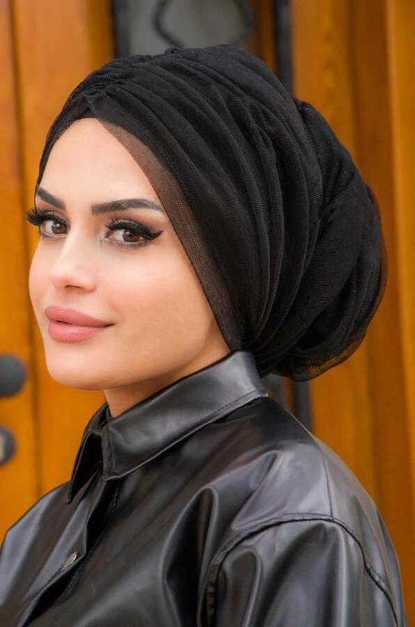 Siyah Tül Büzgülü Dolama Bone - Image 1