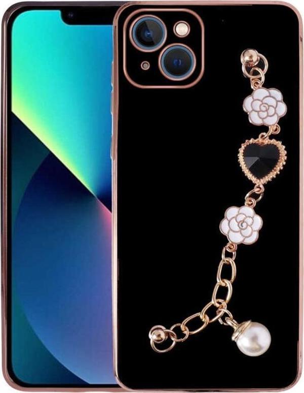 Apple iPhone 14 Plus Kılıf Kalpli Çiçekli Bileklik Zincirli Kamera Korumalı Kenarları Gold Renk, Silikon - Image 1