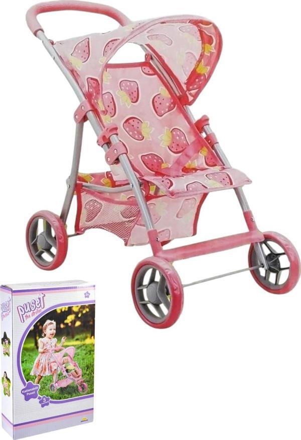 Çilek Desenli 3 Tekerlekli Katlanabilir Oyuncak Bebek Puseti - Image 1