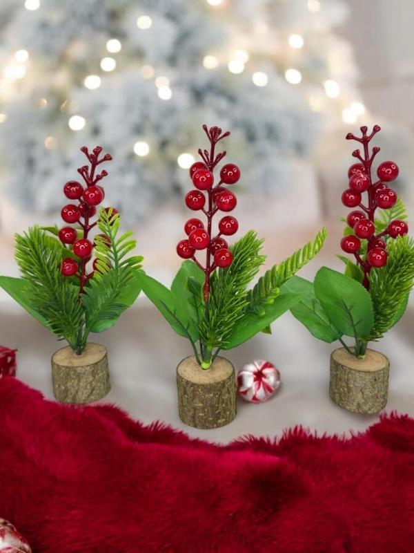 3lü set Yapay Çiçek Yılbaşı Çiçeği Kokinalı Kütük Saksılı Dekoratif Süs 20cm - Image 1