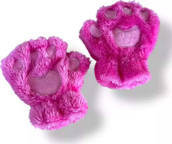 Mars Baby Kız Çocuk Parmaksız Patili Pembe Fuşya Peluş Eldiven - Image 1