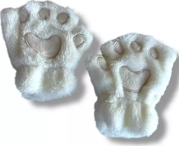 Mars Baby Kız Erkek Çocuk Parmaksız Patili Ekru Krem Peluş Eldiven - Image 1