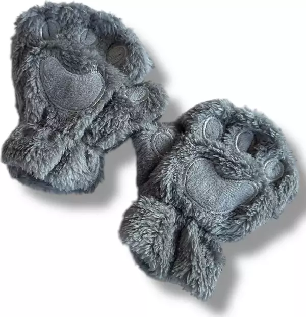 Mars Baby Kız Erkek Çocuk Parmaksız Patili Gri Peluş Eldiven - Image 1