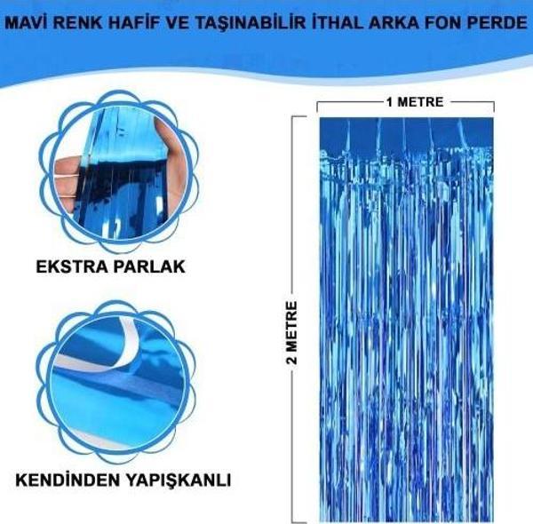 Ekstra Metalize Mavi Renk Saçaklı Arka Fon Perde 1x2 metre - Image 1