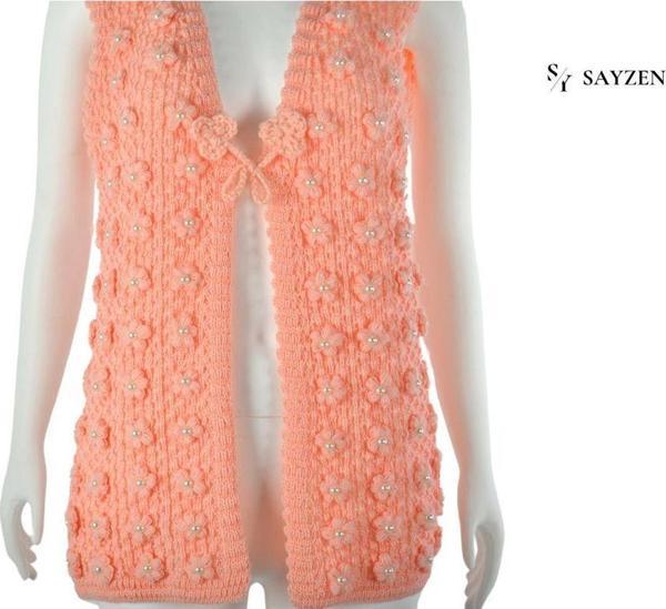 Sayzen El İşi  Çiçek İşlemeli Simli Örme Pudra Pembe Yelek Pembe M/L - Image 1