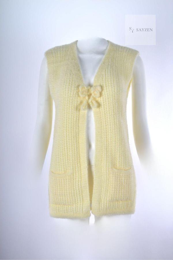 Sayzen Yumoş Tüylü Krem Örme Yelek Hırka Krem M/L - Image 1