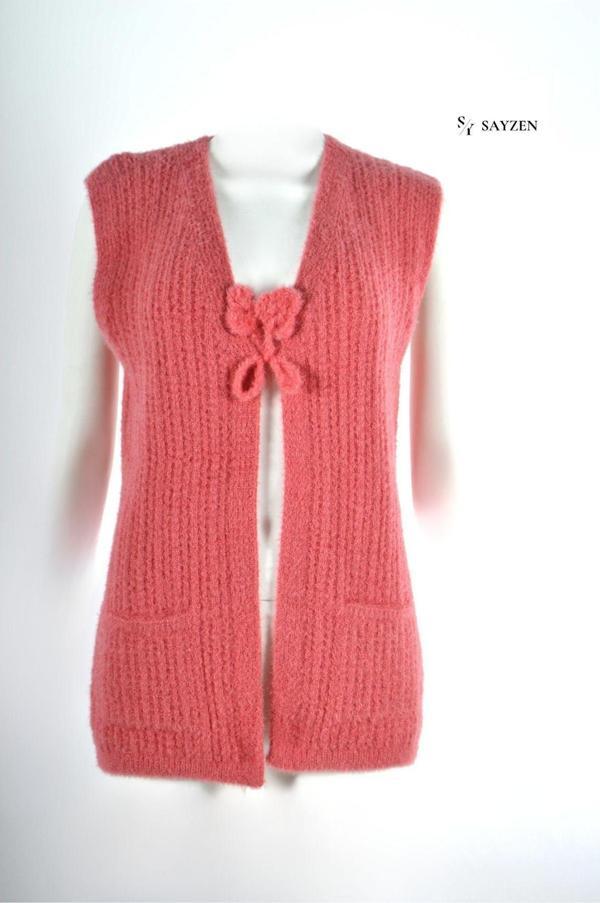Sayzen Yumoş Tüylü Fuşya Örme Yelek Hırka Fuşya M/L - Image 1
