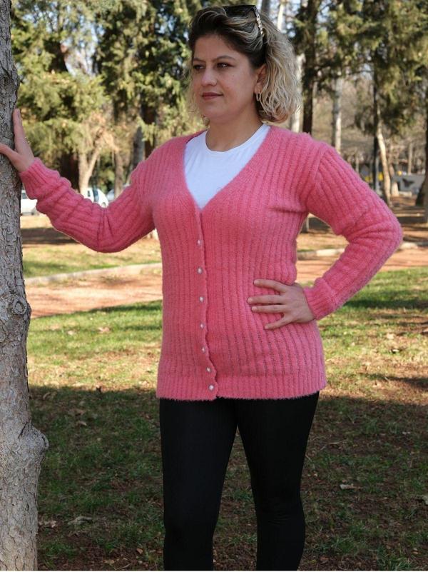 Sayzen Düğmeli Yumoş Trend Kadın Hırka Fuşya M/L - Image 1