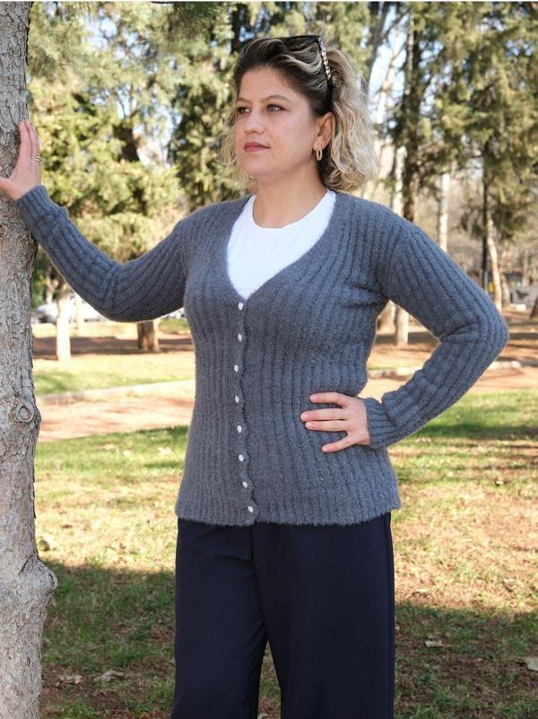 Sayzen Düğmeli Yumoş Trend Kadın Hırka Gri M/L - Image 1