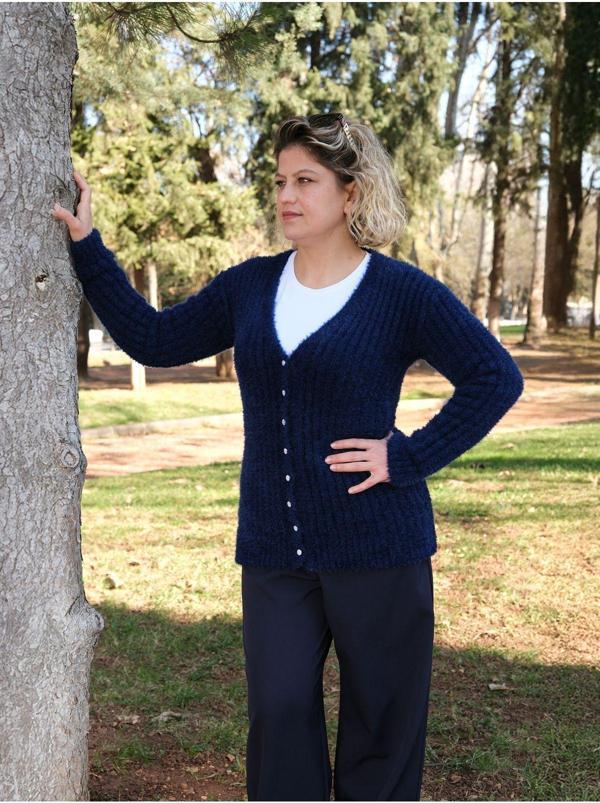 Sayzen Düğmeli Yumoş Trend Kadın Hırka Lacivert M/L - Image 1