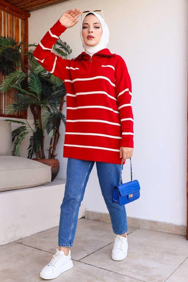 İmaj Butik Kırmızı Yaka Fermuarlı Çizgili Triko Tunik Kırmızı Standart - Image 1