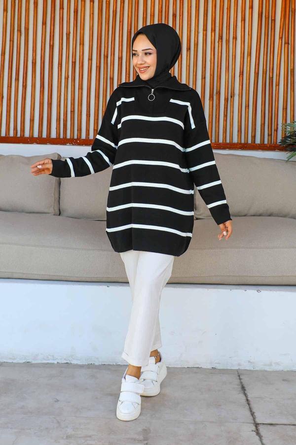 İmaj Butik Siyah Yaka Fermuarlı Çizgili Triko Tunik Siyah 38 - Image 1