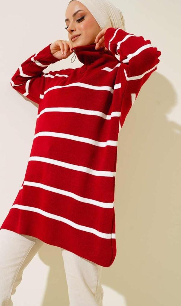 İmaj Butik Ekru Kahverengi Cizgi Yaka Fermuarlı Triko Tunik Kırmızı Standart - Image 1