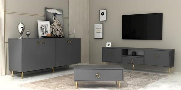 Demonte Decor Drop Tv Üni̇Tesi̇,Konsol Ve Orta Sehpa 3'Lü Salon Takimi Antrasi̇T-Altin - Image 1