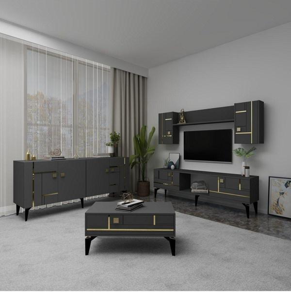 Demonte Decor Madera Tv Üni̇Tesi̇,Konsol Ve Orta Sehpa 3'Lü Salon Takimi Antrasi̇T-Altin - Image 1