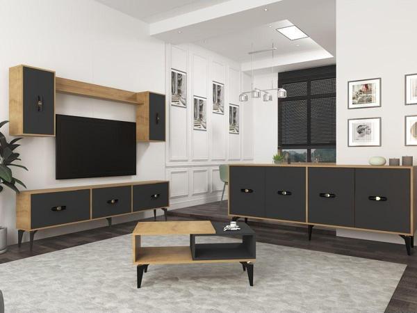 Demonte Decor Hira 180 Cm Tv Ünitesi, Konsol(Kx180) Ve Orta Sehpa Salon Takımı Safirmeşe-Antrasit - Image 1