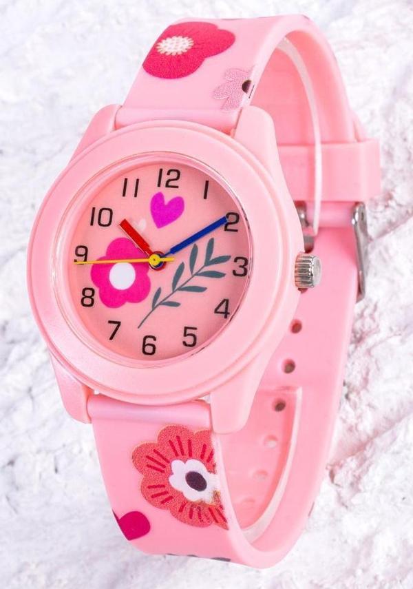 Pembe Renk Kız Çocuk Saati Analog Kalpli Kadranlı Kol Saati Cüzdan Hediyeli ST-304400 - Image 1