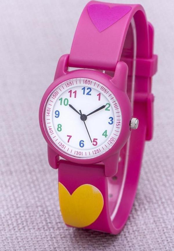 Fuşya Renk Kalpli Kız Çocuk Saati Silikon Kordon Analog Saat Hediyeli ST-304402 - Image 1