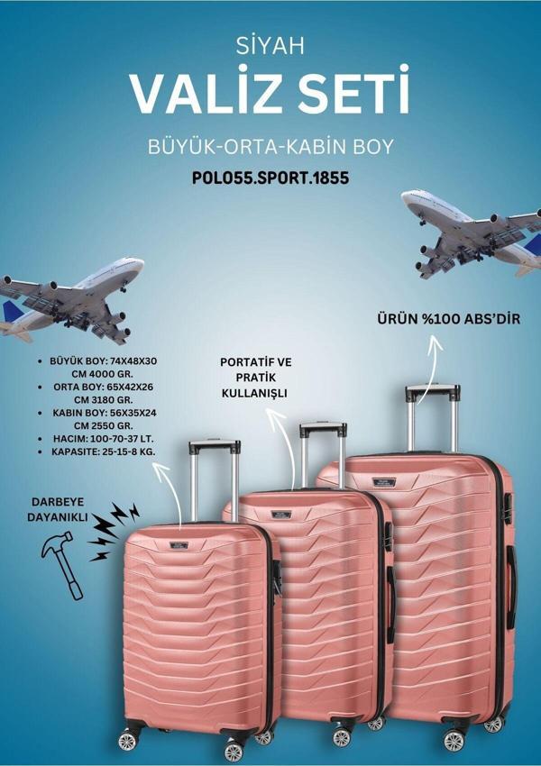 Polo55.Sport.1855 %100 Abs 3'Lü Pembe Valiz Seti (Kabin - Orta - Büyük Boy) - Image 1