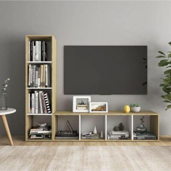 Tdesigno Tdesıgno Rengul Kitaplıklı Televizyon Sehpası - Ünitesi -Kitaplık Meşe-Beyaz 150 Cm 8 Raflı - Image 1