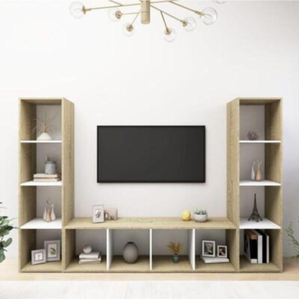 Tdesigno Er-televizyon Sehpası - Ünitesi -kitaplık-meşe Beyaz 180 Cm 12 Raflı - Image 1