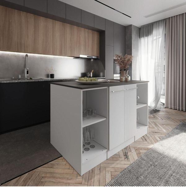 Tdesigno Reina Mutfak Adası Alt Modül 140 Cm Beyaz -Antrasit Tezgah Dahil - Image 1