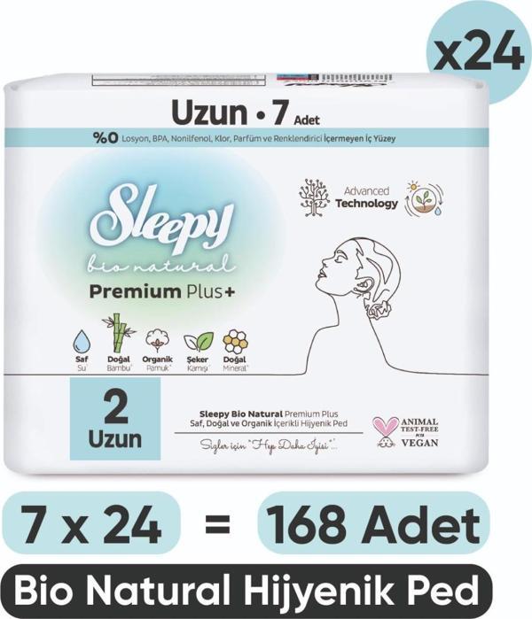Sleepy Bio Natural Premium Plus Hijyenik Ped Uzun 7x24 Ped (168 Adet) - Image 1