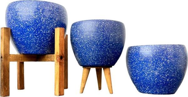 Bitki Tasarımı Lacivert Granit Toprak Saksı Saksılık Salon Çiçeklik Üçlü Set - 15 CM - Image 1
