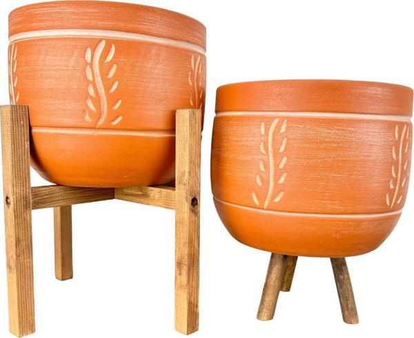 Bitki Tasarımı Nakış Desenli Toprak Saksı Saksılık Salon Çiçeklik İkili Set 3 Ayaklı- 4 Ayaklı- 19 CM - Image 1