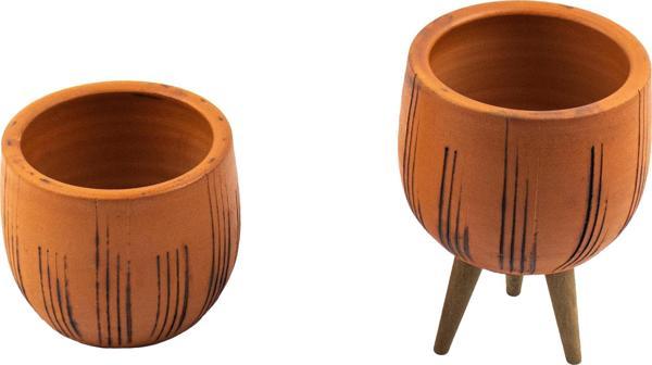 Bitki Tasarımı Siyah Çizgi Desenli Terakota Toprak Saksı Saksılık Salon Çiçeklik İkili Set Ayaksız, 3 Ayaklı 12 Cm - Image 1
