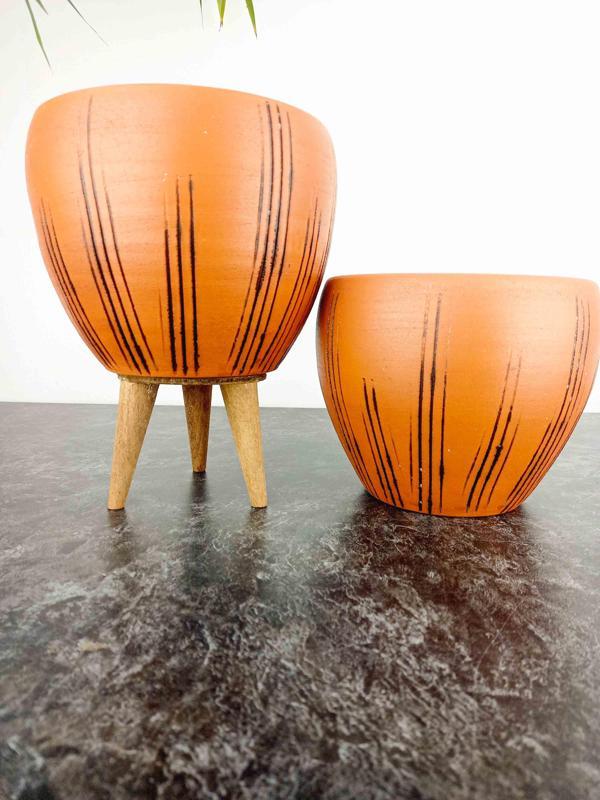 Bitki Tasarımı Siyah Çizgi Desenli Terrakota Toprak Saksı Saksılık Salon Çiçeklik İkili Set Ayaksız - 3 Ayaklı- 15 Cm - Image 1