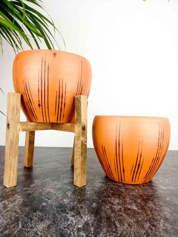 Bitki Tasarımı Siyah Çizgi Desenli Terrakota Toprak Saksı Saksılık Salon Çiçeklik İkili Set Ayaksız - 4 Ayaklı- 15 Cm - Image 1