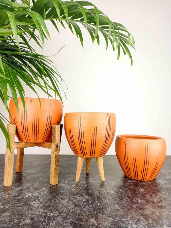 Bitki Tasarımı siyah Çizgi Desenli Terrakota Toprak Saksı Saksılık Salon Çiçeklik Üçlü Set - 15 Cm - Image 1
