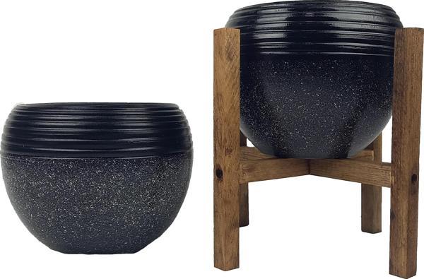 Bitki Tasarımı Siyah Granit Küp Saksı Saksılık Salon Çiçeklik İkili Set (4 Ayaklı-Ayaksız) - Image 1
